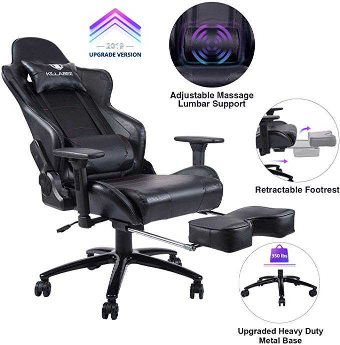 KILLABEE Big and Tall 159kg Massage Gaming Chair Racing Office Chair - Adjustable Massage Lumbar Cushion, Retractable Footrest and Arms High Back Ergonomic Leather Computer Desk Chair, Black