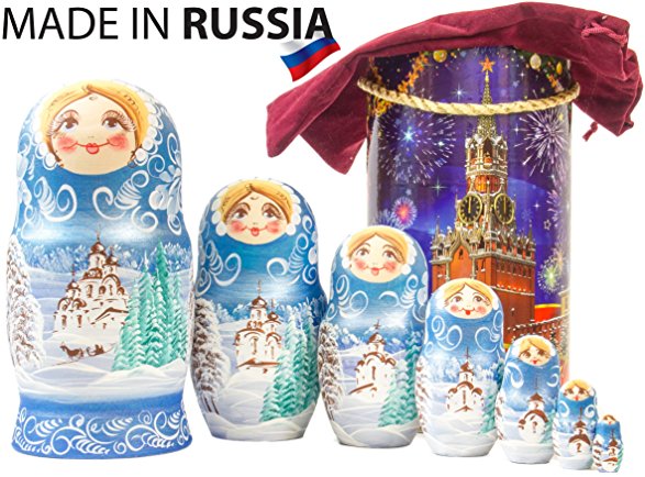 Russian Nesting Doll - "Winter`s Tale" - Hand Painted in Russia - MOSCOW KREMLIN GIFT BOX - Wooden Decoration Gift Doll - Traditional Matryoshka Babushka (8`` (7 dolls in 1), Blue)