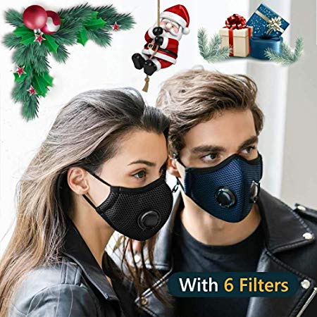 2 Pack Dustproof/Dust Mask with 2 Valves 6 Activated Carbon N99 Filters. Filtration of Dust, Pollen Allergy and PM2.5 Reusable Face Masks for Protective Activities (Black&Navy Masks)