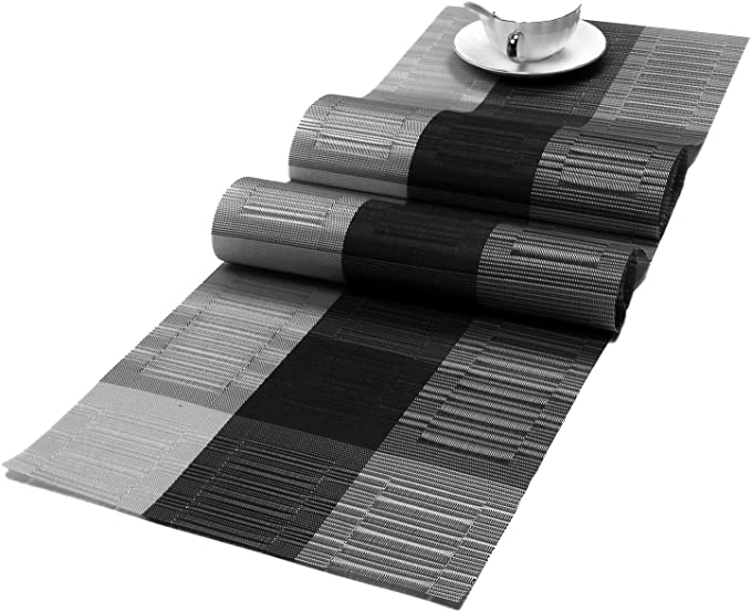 SHACOS Woven Vinyl Table Runner PVC Table Runner 12 x 71 inch Wipe Clean Indoor Outdoor, Ombre Black and Gray