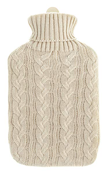 LIVIVO Large 2L Hot Water Bottle with Arran Knitted Cover Removable and Washable- Quick Pain Relief and Comfort (Cream)