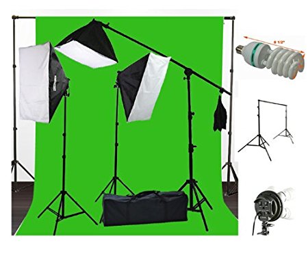 ePhoto 10 x 20 Muslin Chromakey Green Screen Background Support Stand Kit 2700 Watt Hair Light Boom Stand Studio Photo Video Lighting Kit H604SB-1020G