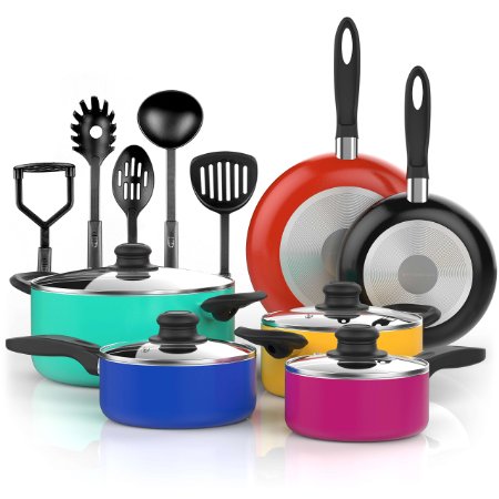 VREMI 15 pcs Non Stick Color Pop Cookware set Cool Touch Handles Oven Safe PTFE and PFOA free