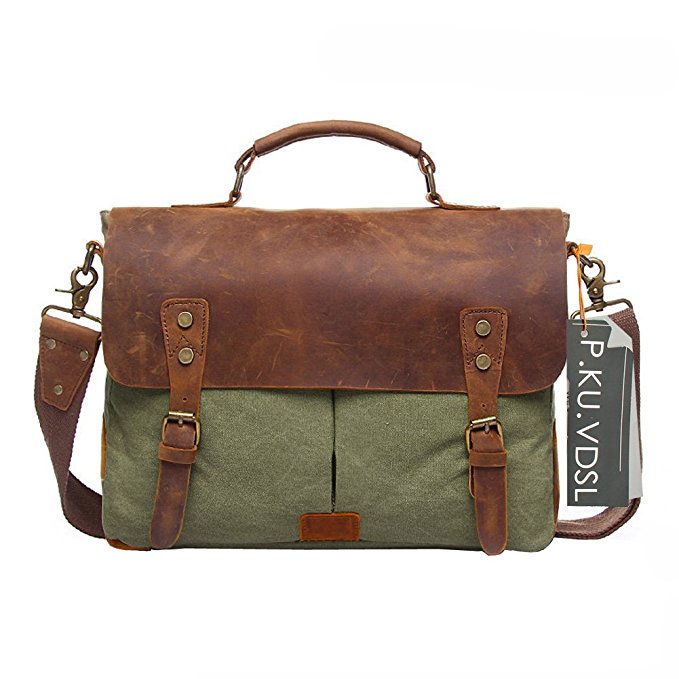 Messenge Bag, P.KU.VDSL® Men's Vintage Genuine Leather Laptop Messenger Bags, Unisex Canvas Handbag Briefcase for Men and Women, Satchel Shoulder Bag Fits 14 inch Laptop