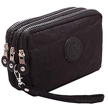Fueerton Multifunction 3 Layers Zipper Key Card Phone Pouch Coin Money Bag Purse Wallet (Black)