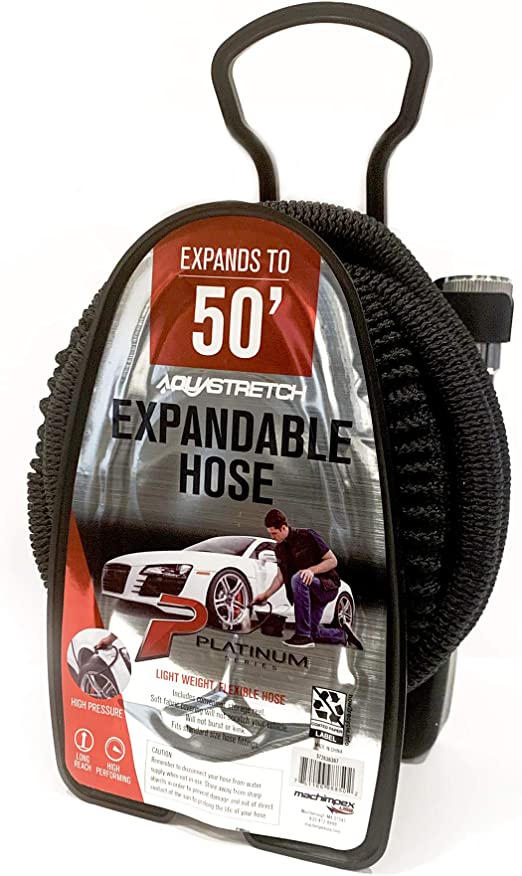 AquaStretch Expandable Garden Hose 50 ft, Lightweight, Heavy-Duty, Stretchable, Flexible Water Hoses with Storage Reel Rack, Fits All Standard Nozzles and Taps, Comes in Black or Red, Colors vary