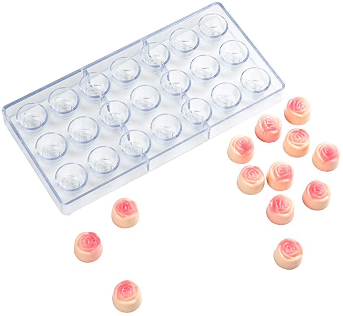 Pastry Tek 10.8 x 5.3 Inch Rose Mold For Chocolate, 1 Freezer-Safe Candy Mold - 21 Compartments, Easy Release, Clear Polycarbonate Flower Mold, Food Grade, For Bonbons or Fondants - Restaurantware