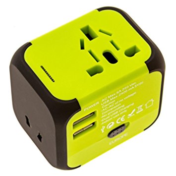 JACKLY World Travel Adapter, Dual USB Ports Universal Worldwide Travel Adapter All-in-one International [USA UK EU AU] Plug(Green)