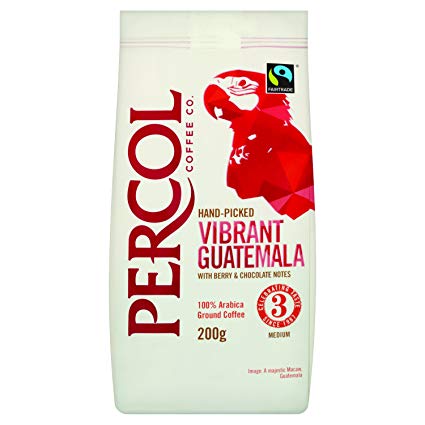 PERCOL FAIRTRADE VIBRANT GUATEMALA GROUND COFFEE - Well-Rounded, Spicy Medium Roast made From Fairtrade Certified 100% Arabica Beans - Finely Ground Light Acidity Blend 200g 6 Pack