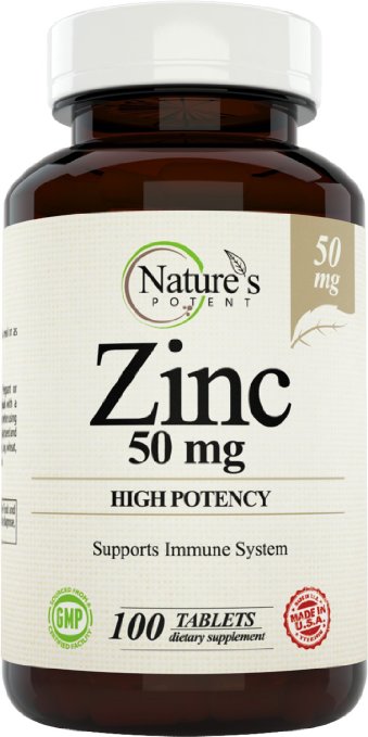 Zinc 50 mg - High Potency 100 Tablets, Best Supplement for Men, Women & Children - Natural Zinc from (oxide / citrate) Made by Nature's Potent. (1)