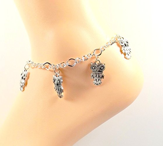 Silver-toned Owls Charm Anklet - Silver-plated Ankle Bracelet -