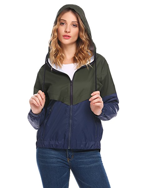 Venena Women's Hooded Colorblock Full Zip Rain Jacket Waterproof Raincoats with Drawstring