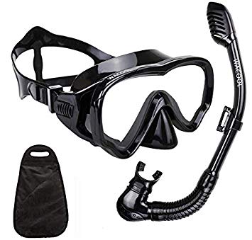 WACOOL Snorkeling Snorkel Package Set for Kids Youth Junior, Anti-Fog Coated Glass Diving Mask, Snorkel with Silicon Mouth Piece,Purge Valve and Anti-Splash Guard.