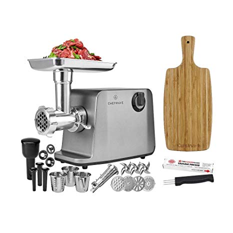 ChefWave Electric Meat Grinder FDA Approved - Stainless Steel Heavy Duty 1800W Max 3-Speed - 4 Grinding Plates, 3 Cutting Blades, Tomato Juicer, Sausage Stuffer Tubes   Cutting Board   Sausage Pricker