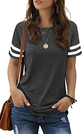 Sieanear Womens T Shirts Short Sleeve Striped Color Block Leopard Casual Tops