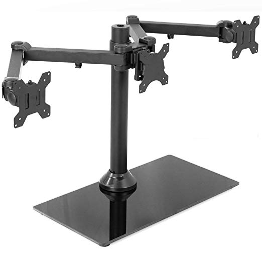 VIVO Black Triple Monitor Mount Freestanding Desk Stand w/Glass Base | Heavy Duty Fully Adjustable Stand for Three (3) Screens up to 24" (STAND-V003FG)