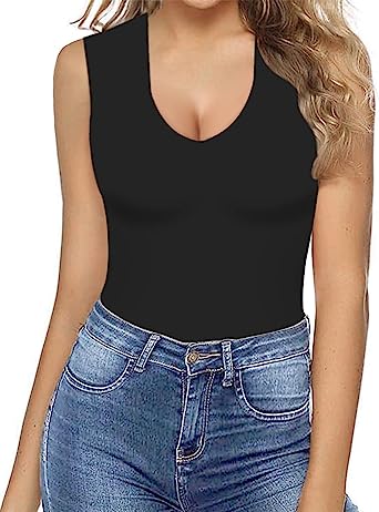 MANGOPOP Double Lined Sleeveless V Neck Tank Tops Fashion Bodysuits for Women