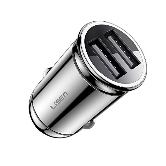 LISEN Car Charger Adapter, Mini 4.8A/24W Double USB Car Charger, [All Metal] Fast Car Adapter Compatible iPhone X/XR/Xs max, iPad, Galaxy S8/S9/S10 [Indicator Display Voltage Statu] (Sliver) 1-Pack