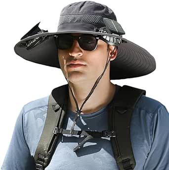 Wide Brim Solar Fan Outdoor Fishing Hat, Solar Fan Hat Upf50 , Solar Fan Hats with 2 Solar Fan Fishing Hats.