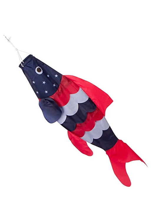 40-inch Patriotic Fish Windsock (3.3 feet) -- Stars and Stripes -- Red, White, Blue -- Includes hanging clip.