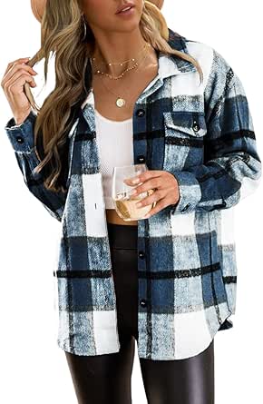 Trendy Queen Womens Flannel Shacket Casual Jacket Plaid Button Down Long Sleeve Shirt Fall Winter Outfits