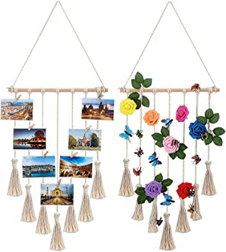 Mudder 2 Pieces Macrame Wall Hanging Pictures Organizer Hanging Photo Display Bohemian Decorative Handmade Boho Textile for Home Decor Gift, with 25 Wood Clips, Beige