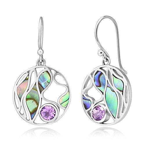 925 Sterling Silver Amethyst Gemstone Abalone Shell Leaves Design Round Dangle Hook Earrings 1.4"