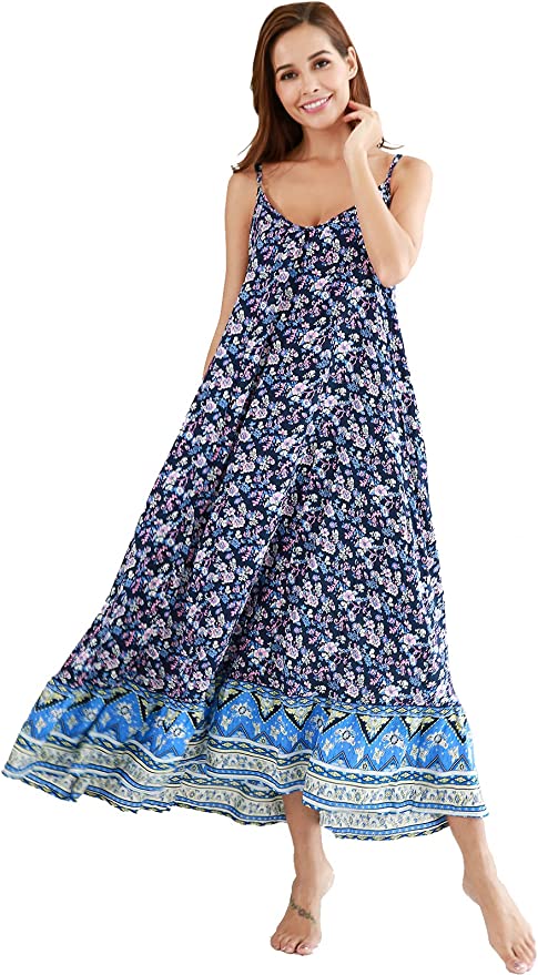 BUENOS NINOS Women's V Neck Floral Maxi Dress Boho Printed Adjustable Spaghetti Strap Ethnic Beach Long Dress with Pockets