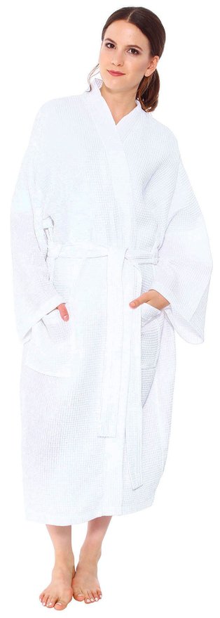 Simplicity Men / Women Cotton Lightweight Waffle Kimono Bath Robe, White
