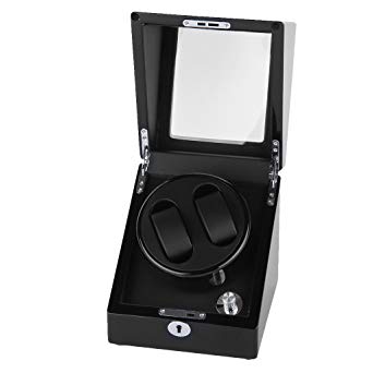 FLOUREON Automatic Watch Winder Box for 2 Watches with Display Box Storage Case Leather Pillows Quiet Motor 5 Rotation Modes 100% Handmade AC Adaptor & Key Included Battery Operated