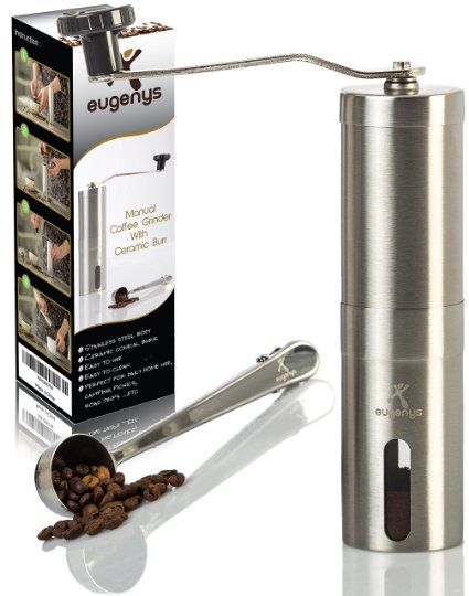 Manual Coffee Grinder - Best Ceramic Burr Grinder - High Grade 18/10 Stainless Steel - With Coffee Scoop & Bonus E-Book - Portable Conical Burr Mill for French Press, Aeropress & Pour Over by Eugenys