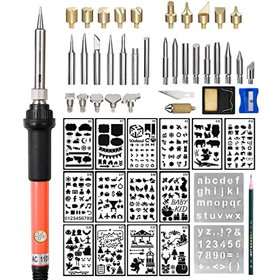 Wood Burning Kit Woodburning Tool with Soldering Iron Intlmate 54 PCS Woodburner Temperature Adjustable with Soldering Iron Set Pyrography Wood Burning Pen,Embossing/Carving/Soldering Tips 16 Stencils