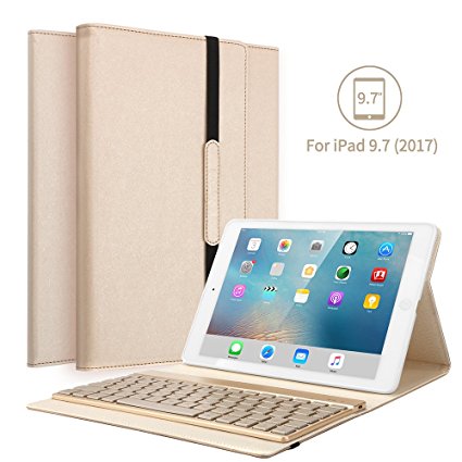 2017 New iPad 9.7 Keyboard Case, KVAGO Elegant Protective Cover with 7 Colors Back-lit Detachable Wireless Bluetooth Keyboard Case for New iPad 9.7 inch (Not Pro) -Gold