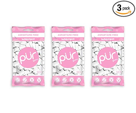 PUR 100% Xylitol Chewing Gum, Bubblegum, 55 Pieces per Bag (Pack of 3) Sugar-Free + Aspartame Free, Vegan + non GMO