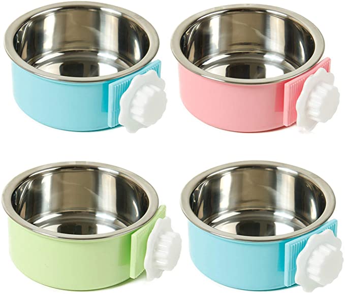 kathson Crate Dog Bowl, Removable Stainless Steel Hanging Pet Cage Bowl Food & Water Feeder Coop Cup for Cat, Puppy, Birds, Rats, Guinea Pigs