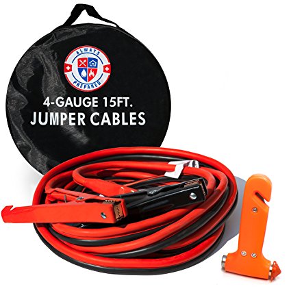 Jumper Cables 4 Gauge 15 feet w/ Carry Bag & Emergency Auto Escape Tool | Quality Battery Booster Cables w/ High Capacity (400 AMP), Tough Insulation and Alligator Clamps for Car, Truck