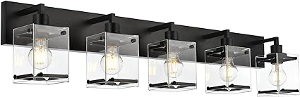 MELUCEE 5-Light Bathroom Light Fixtures Over Mirror, Farmhouse Black Vanity Light with Rectangular Clear Glass Shade Industrial Indoor Wall Sconce Light for Living Room Kitchen Hallway