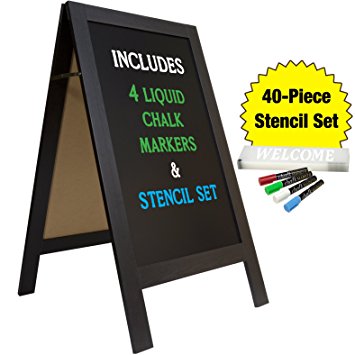 Large Sturdy Handcrafted 40" x 20" Wooden A-Frame Chalkboard Display / 4 LIQUID CHALK MARKERS & STENCIL SET / Sidewalk Chalkboard Sign Sandwich Board / Chalk Board Standing Sign (Black)