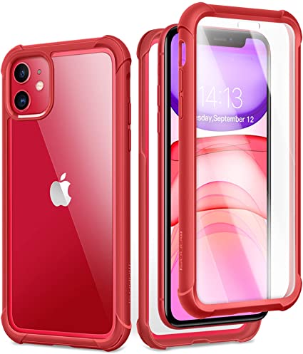 MOBOSI Epoch Series iPhone 11 Case 2019, [Built-in Tempered Glass Screen Protector] Full Body Rugged Clear Protective Phone Case Shockproof Cover for iPhone 11 6.1 Inch (Red)