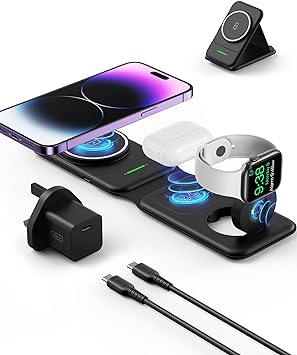 INIU 3 in 1 Wireless Charging Station for Apple Series, Magnetic Foldable Wireless Charger Stand Multple Devices for Apple Watch, AirPods, iPhone 15 14 13 12 Pro Max Mini (with Adapter)