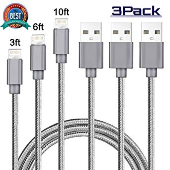 iPhone Charger,3Pack iPhone Cable (3FT 6FT 10FT) Lightning to USB Syncing and Charging Cable Data Nylon Braided Cord Charger for iPhoneX/8/8 Plus/7/7 Plus/6/6 Plus/6s/6s Plus and more (Sliver Gray)