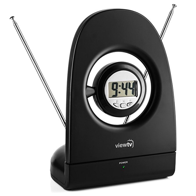 ViewTV VT-328 50 Mile Range Standing Rabbit Ears Indoor HD Digital TV Antenna with Adjustable Gain and Built-In LED Time Display - Black
