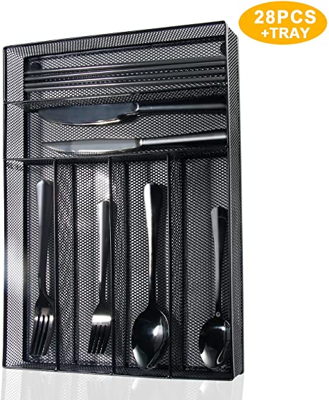 Silverware Set,WOAIWO-Q 28 PCS Stainless Steel Flatware Set for 4 People, Cutlery With Wire Mesh Holder Storage Trays Mirror Polish,Dishwasher Safe (Black)