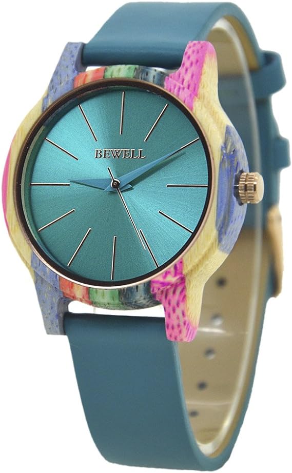 Women's Wooden Watch, Quartz Movement Colorful Wood Handmade Fashion Watches Detachable Wristband Wrist Watch (Blue)