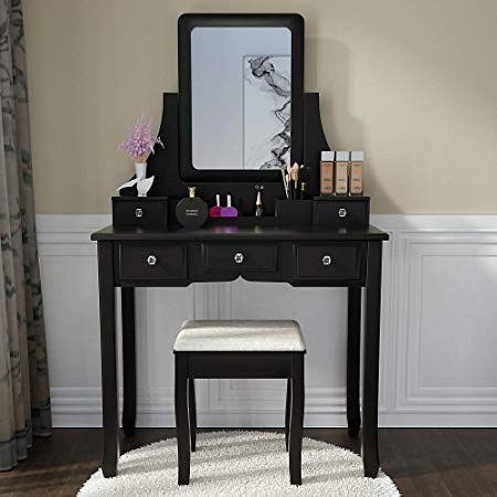 Vanity Set with Mirror Dressing Table Vanity Makeup Table Cushioned Stool 5 Drawers