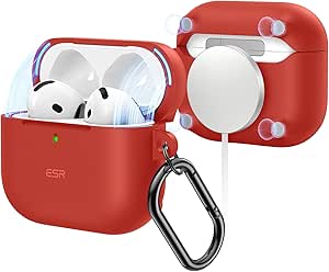 ESR for AirPods 4 Case (HaloLock), Compatible with AirPods 4th Generation Case (2024) (USB-C), Compatible with MagSafe, Full Drop Protection Cover with Carabiner, Magnetic Lid Lock, Red