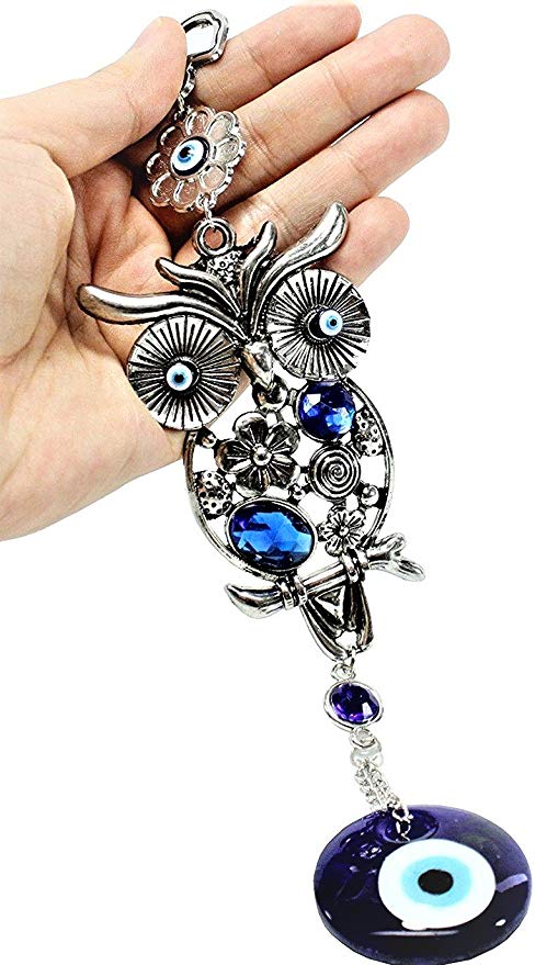 Turkish Blue Evil Eye (Nazar) 3" Crystal Owl Wall Hanging Amulet Home Decor Protection Blessing Housewarming Birthday Gift US Seller