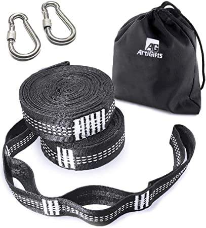 ArtiGifts Hammock Tree Straps Set with 2 Carabiners, Heavy Duty & Adjustable Suspension System Kit for Outdoor Camping - 9ft, 1500lbs Capacity, No-Stretch & Easy Setup, 2 Pack, Black
