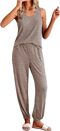 Ekouaer Women's Pajamas Sleeveless Summer Lounge Set Ribbed Knit Pj Loungewear Tank Top with Jogger Pants