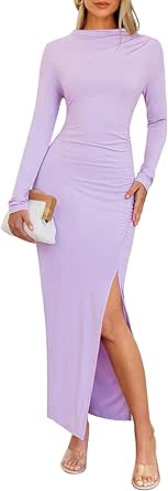 MEROKEETY Women's Long Sleeve Mock Neck Midi Dress Bodycon Ruched Slit Cocktail Wedding Guest Dresses